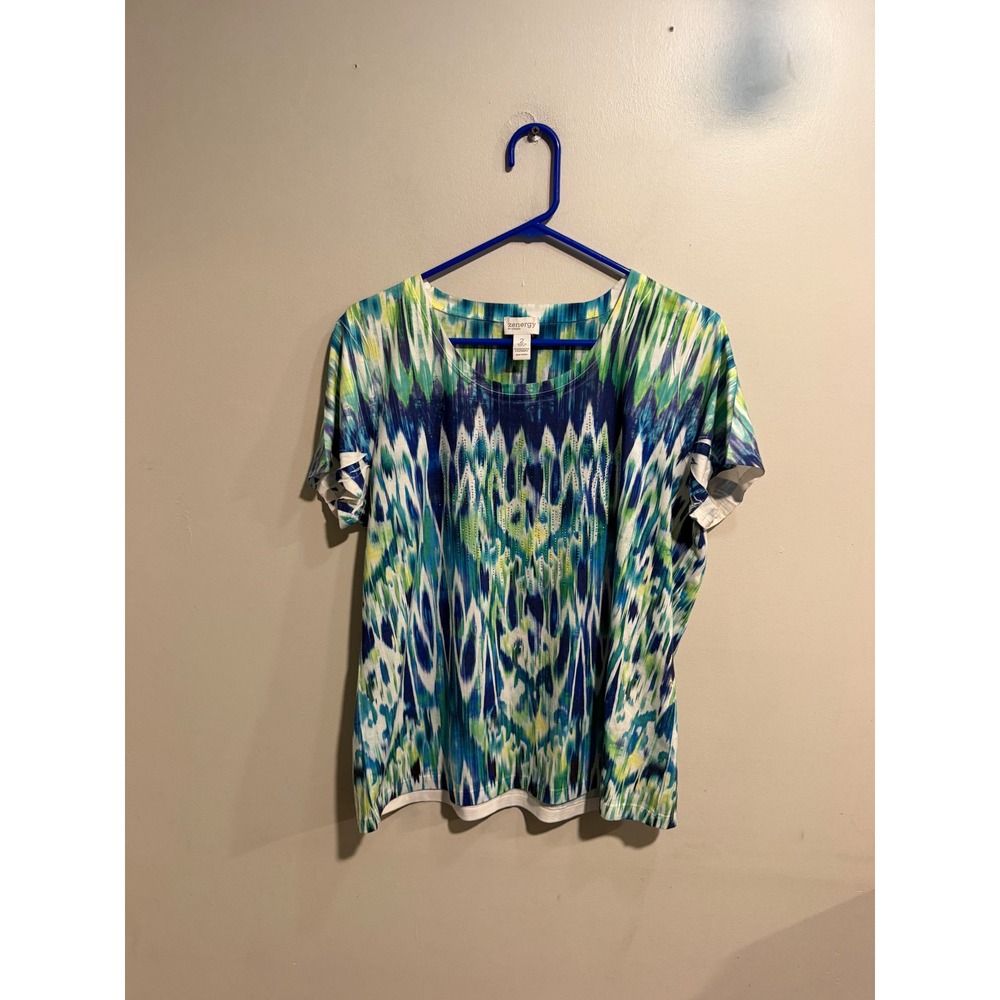Zenergy by Chico's Blue Green Abstract Ikat Rhinestone Top Size 2 Large